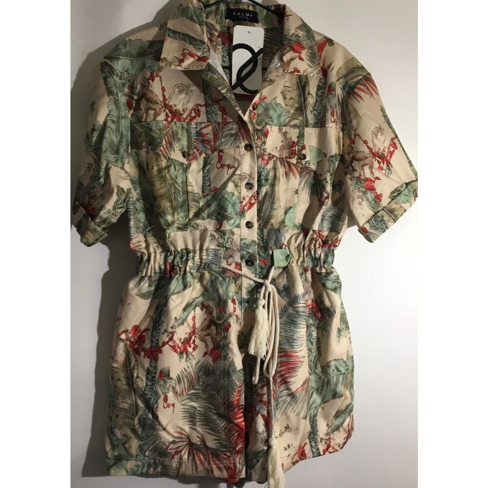Zalma Jungle Safari Women's Large Button Front Collared Short Sleeve Romper